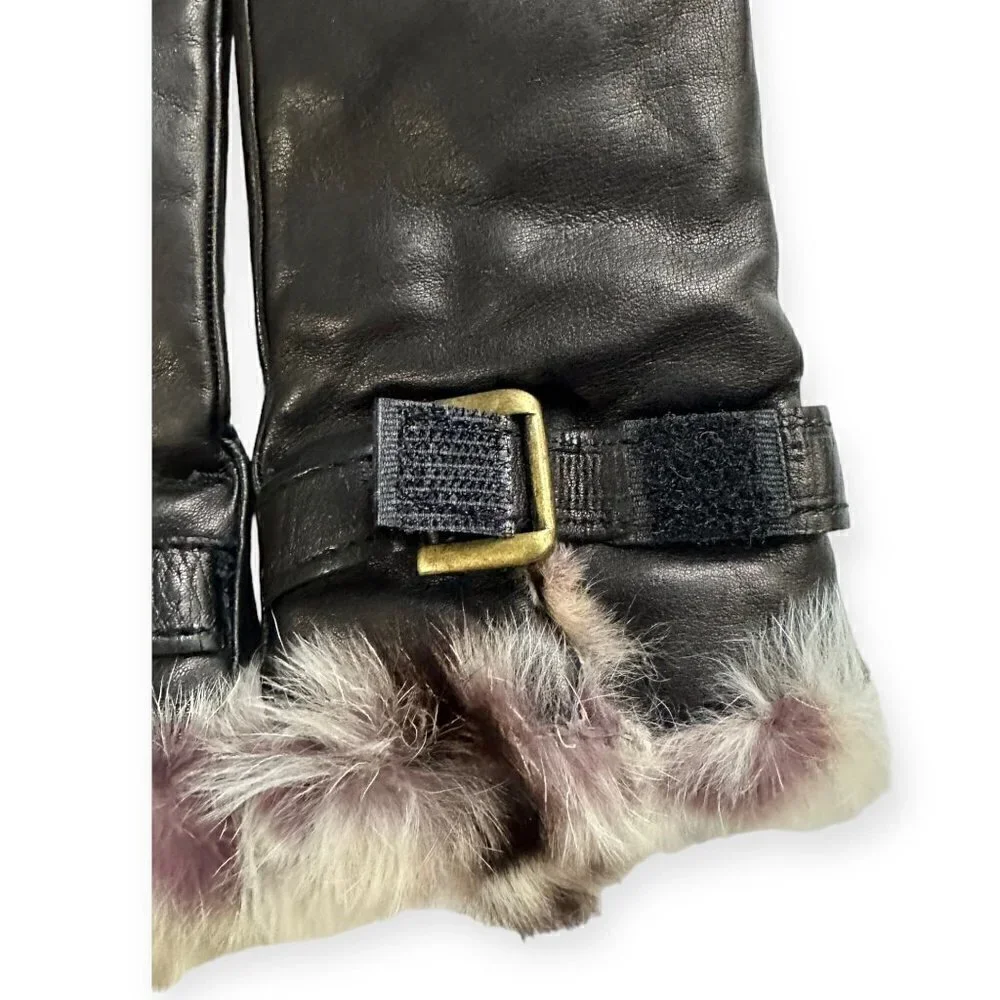 Sermoneta Leather Cashmere Lined gloves with Rabbit fur Trim size 7.5, Black NWT